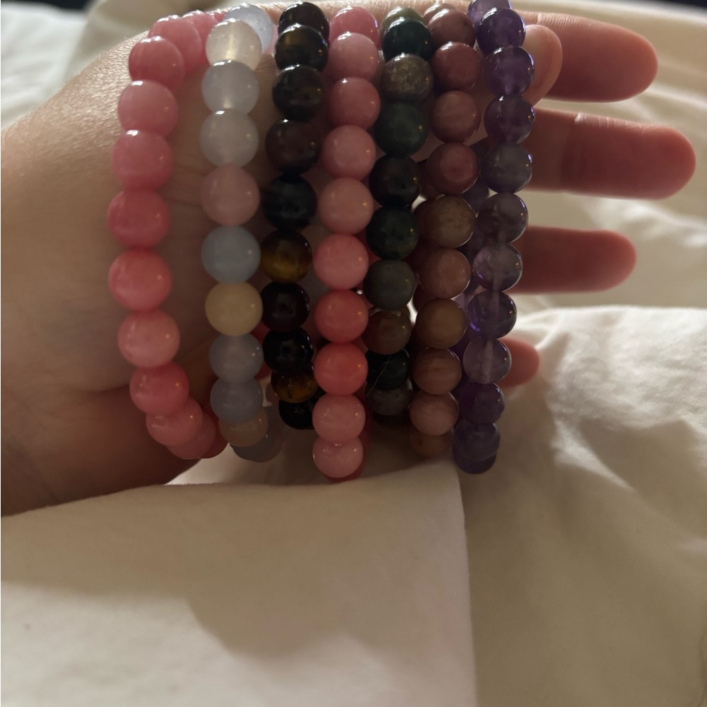 NEW TIGER EYE, ROSE QUARTZ, JADE, AMETHYST GEMSTONE STRETCHY 7 BRACELETS LOT